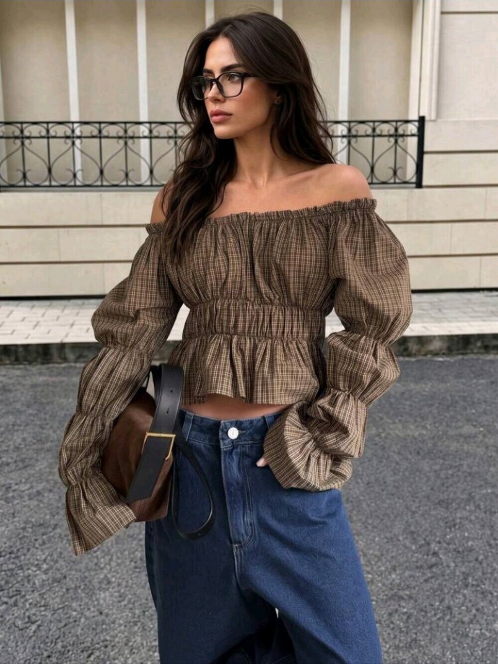 Women's Elegant Casual Minimalist Square Neck Plaid Shirt, Autumn Plaid Top